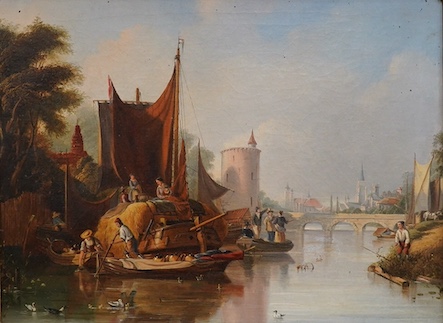 Late 19th / early 20th century, Dutch School, oil on canvas, Barges on a river, Christie’s SS5VZ stencil verso, unsigned, 29 x 38cm, ornate gilt framed. Condition - fair